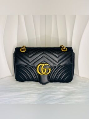 Gucci Black Marmont Leather GG Chevron Shoulder Bag with Gold Hardware